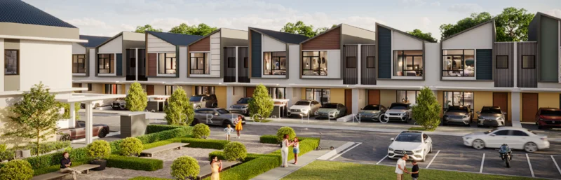 Exterior type: linked terrace house; features: two-storey linked terrace houses, flat roof, facade with a mix of materials, large windows, manicured landscaping, paved walkway, parking spaces visible, outdoor seating area, trees in front of houses, open-air parking lot; style: modern.