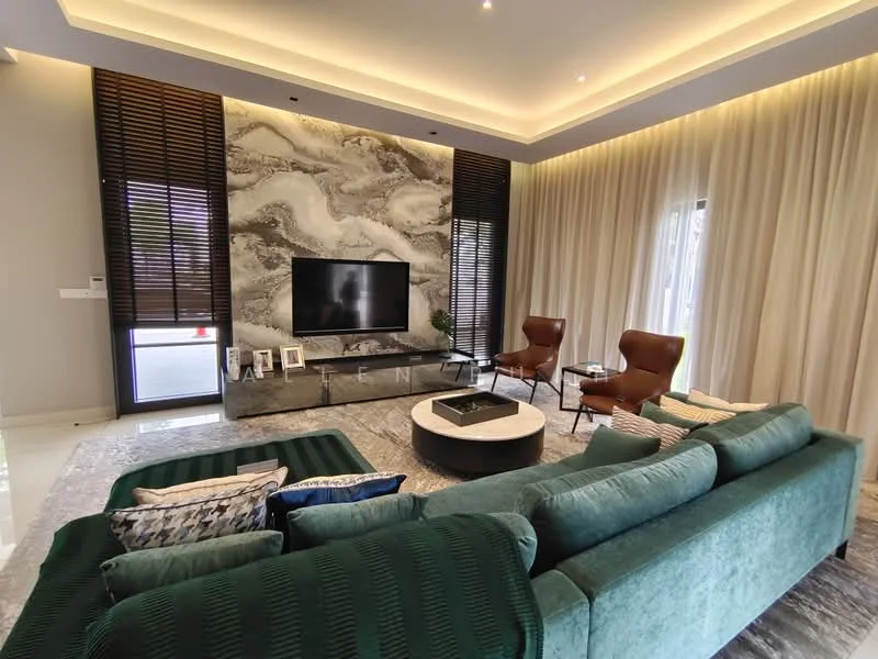 Living features: green velvet sectional sofa, two brown leather armchairs, round coffee table with black top, marble feature wall with TV, recessed ceiling lights, sheer curtains, wooden blinds, area rug with geometric pattern, decorative cushions, wall-mounted TV, built-in shelving, light-colored walls, polished stone flooring; style: modern.