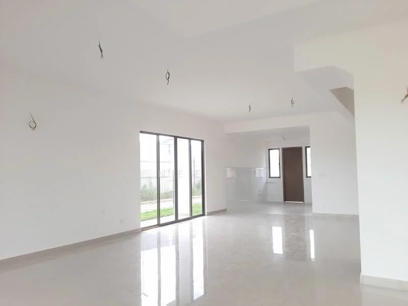 Living features: white painted walls, polished tile flooring, large floor-to-ceiling windows, sliding glass door, natural light, high ceiling, recessed downlights, open layout; style: modern; view: garden. Room features: white painted walls, polished tile flooring, natural light.