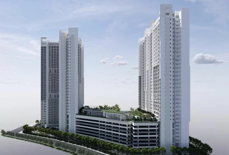Exterior type: high-rise condominium; features: white painted facade, glass curtain wall, multiple towers, landscaped garden on podium, parking deck, surrounding greenery, balconies on upper floors, modern architectural design; style: modern.