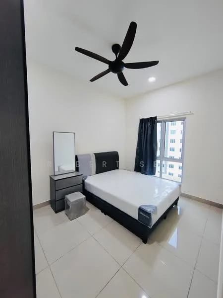 Bedroom features: queen-size bed, upholstered headboard, 2 bedside lamps, black nightstand, full-length mirror, grey ottoman, floor-to-ceiling window, blackout curtains, ceiling fan with light, white painted walls, glossy tile flooring, recessed downlights; style: modern; view: city.