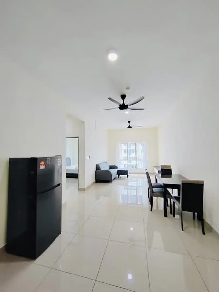 Living features: light-colored painted walls, glossy tile flooring, 5-blade ceiling fan with light, sofa in grey, dining table for 4, black refrigerator, floor-to-ceiling window, curtains, natural light from window; style: modern.