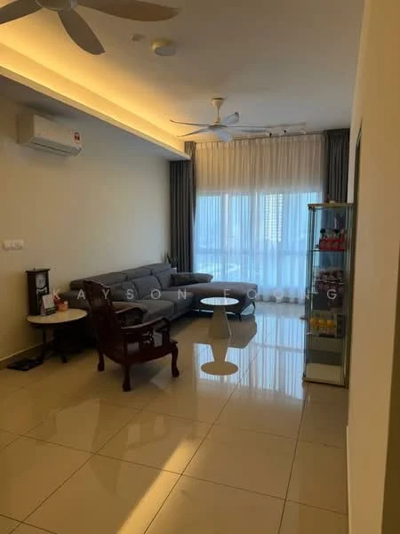 Living features: grey fabric sofa, round coffee table, wooden armchair, glass display cabinet, wall-mounted air conditioning unit, recessed ceiling lights, floor-to-ceiling windows with sheer curtains, glossy tile flooring, light-colored painted walls, ceiling fan; style: modern.