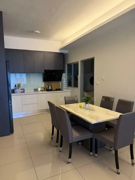Kitchen features: white cabinetry, dark grey upper cabinets, marble dining table, 6 upholstered dining chairs, stainless-steel fridge, built-in oven, 4-burner gas hob, black range hood, white tiled backsplash, ceramic tile flooring, recessed ceiling lights, window with view to outside; style: modern.
