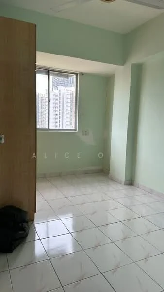 Room features: light green painted walls, white tiled flooring with pink accents, floor-to-ceiling window, curtain rod, wooden door, ceiling light fixture, corner view of city skyline, unfurnished space; style: modern; view: city.