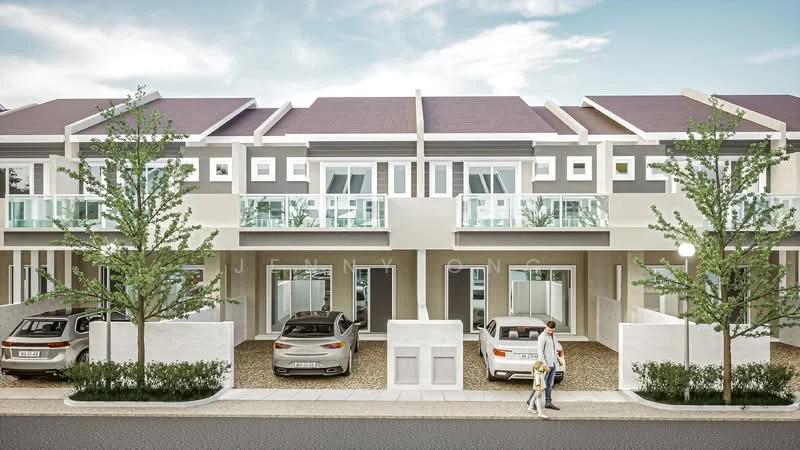 Exterior type: linked terrace house; features: two-storey building, grey painted facade, flat roof, recessed balconies, glass balcony railings, manicured landscaping, paved driveway, two car porches, mature trees, outdoor lighting, front garden area; style: modern.