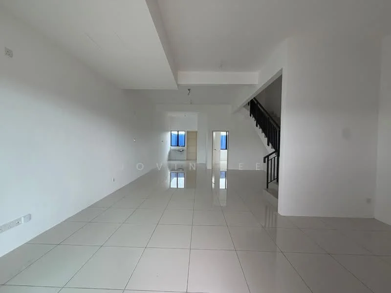 Living features: white painted walls, glossy white tile flooring, large windows with blue frames, staircase with black railing, open layout, high ceiling, recessed lighting, no visible furniture; style: modern.
