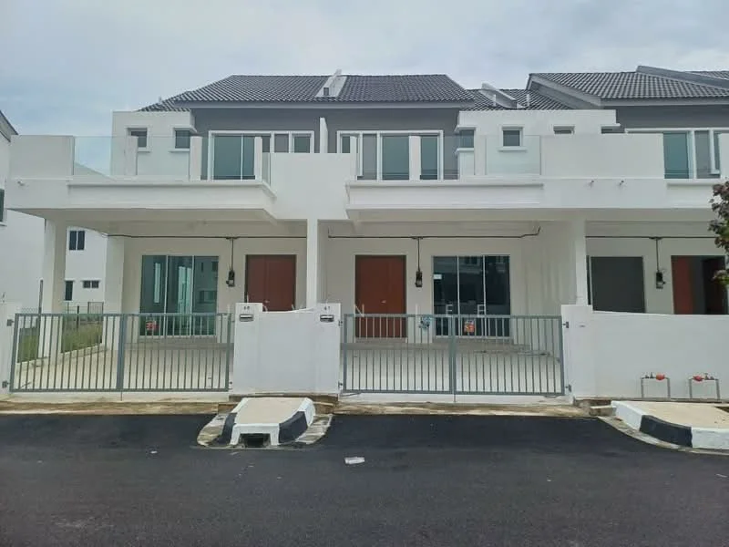 Exterior type: linked terrace house; features: white painted facade, grey tiled roof, front porch area, two main entrance doors, glass windows, metal railing, paved driveway, manicured lawn, parking space for two cars, modern architectural design; style: modern.