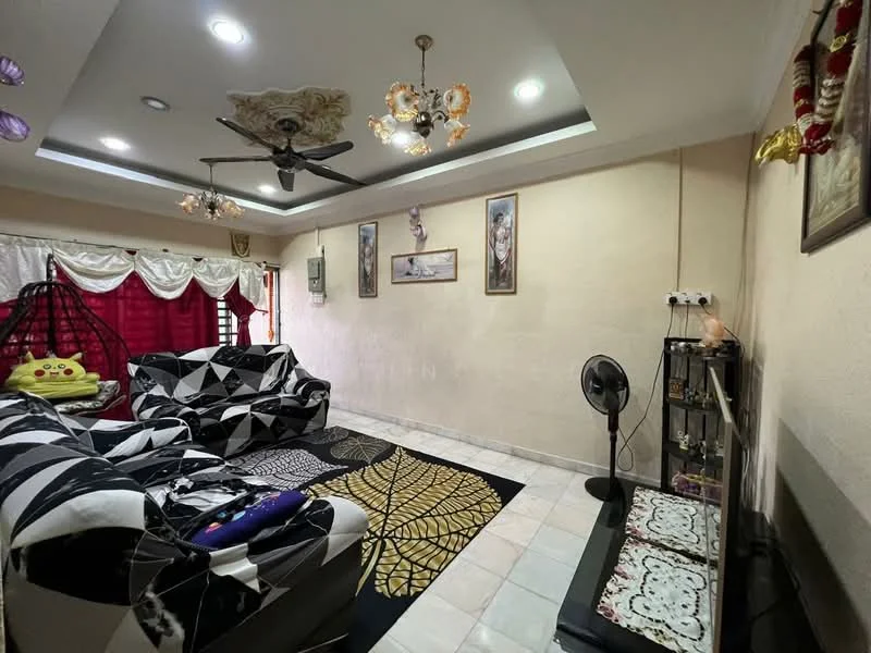 Living features: black and white patterned sofa, 3-seater sofa, ceiling fan with light, chandelier, recessed downlights, cream painted walls, tile flooring, decorative wall art, black TV console, floor fan, curtains with red drapes, area rug with geometric pattern; style: contemporary.