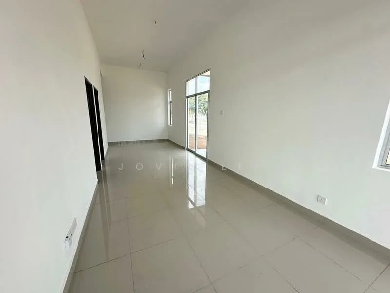 Room features: white painted walls, glossy ceramic tile flooring, large windows, doorway leading to another room, high ceiling, natural light, minimalist design, neutral color palette; style: modern.