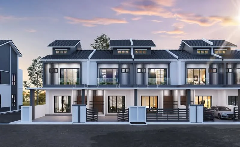 Exterior type: linked terrace house; features: white painted facade, dark wood accents, sliding glass doors, multiple gabled roofs, recessed balconies, large windows, manicured landscaping, paved driveway, car porch, fence with gate, two-storey structure; style: modern.