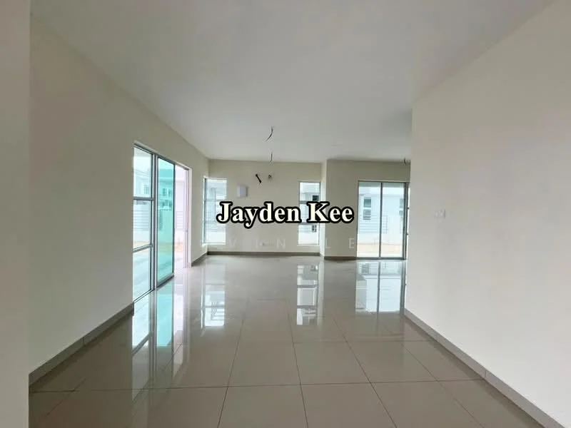 Room features: white painted walls, glossy ceramic tile flooring, large floor-to-ceiling windows, sliding glass door, open layout, neutral color scheme, ceiling lights, no visible furniture; style: modern.