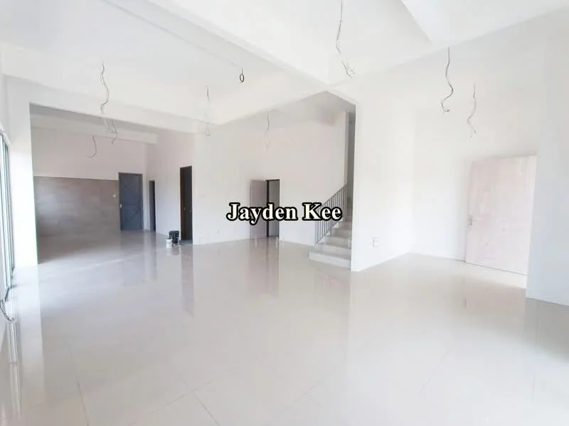 Room features: white painted walls, polished ceramic tile flooring, exposed ceiling with no fixtures, staircase leading to upper level, doorway leading to another room, large windows for natural light, open layout, neutral color scheme; style: modern.