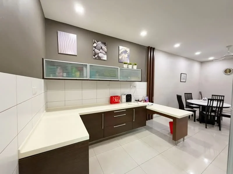 Kitchen features: L-shaped countertop with cream surface, dark wood cabinetry, stainless-steel sink, chrome pull-down faucet, built-in microwave, kitchen appliances visible, white tiled backsplash, white wall tiles, recessed LED downlights, floor tiles in light color, decorative wall art, open shelving above countertop; style: modern.