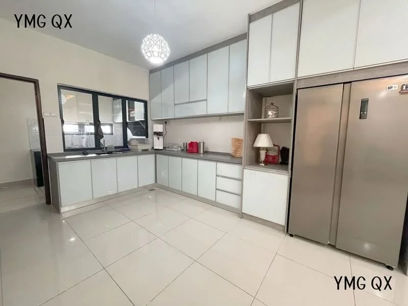 Kitchen features: white cabinetry with flat-panel doors, grey countertop, stainless-steel fridge, built-in oven, ceramic tile flooring, pendant light fixture, double-basin stainless-steel sink, chrome pull-down faucet, open shelving, wall-mounted cabinets, window above sink, kitchen island, modern design; style: modern.