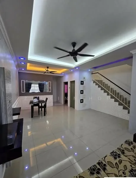 Living features: white painted walls, polished tile flooring, tray ceiling with LED lighting, 5-blade ceiling fan, wall-mounted TV, dining table with chairs, sofa with floral pattern, decorative wall panels, staircase with railing; style: modern.