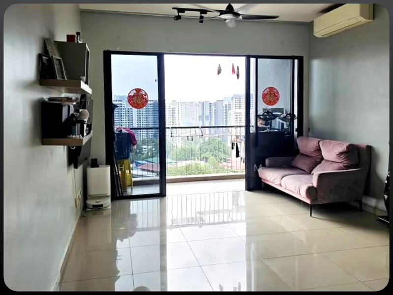 Living features: grey painted walls, glossy tile flooring, 5-blade ceiling fan with light, floor-to-ceiling sliding glass door, balcony access, pink fabric sofa, wall-mounted shelf, air conditioning unit, decorative wall art; style: modern; view: city.