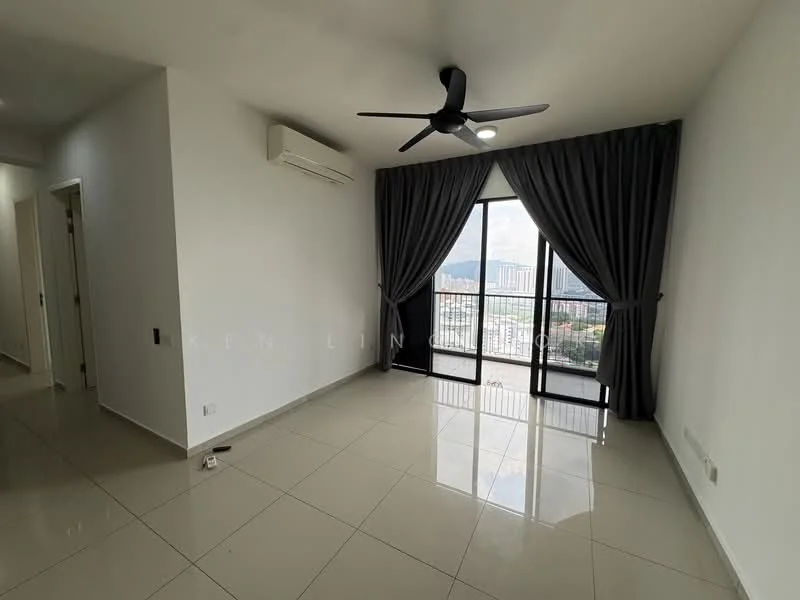 Living features: white painted walls, glossy ceramic tile flooring, 5-blade ceiling fan with light, floor-to-ceiling windows, blackout curtains, city view, air conditioning unit; style: modern; view: city.