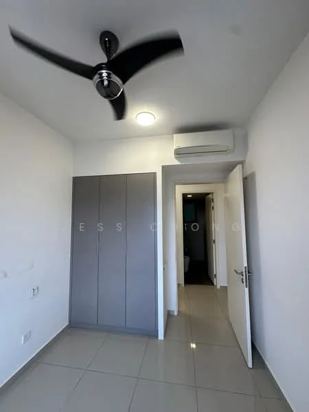 Bedroom features: white painted walls, grey built-in wardrobe, wall-mounted split AC, 5-blade ceiling fan with light, tile flooring, doorway leading to hallway, light fixture on ceiling; style: modern.