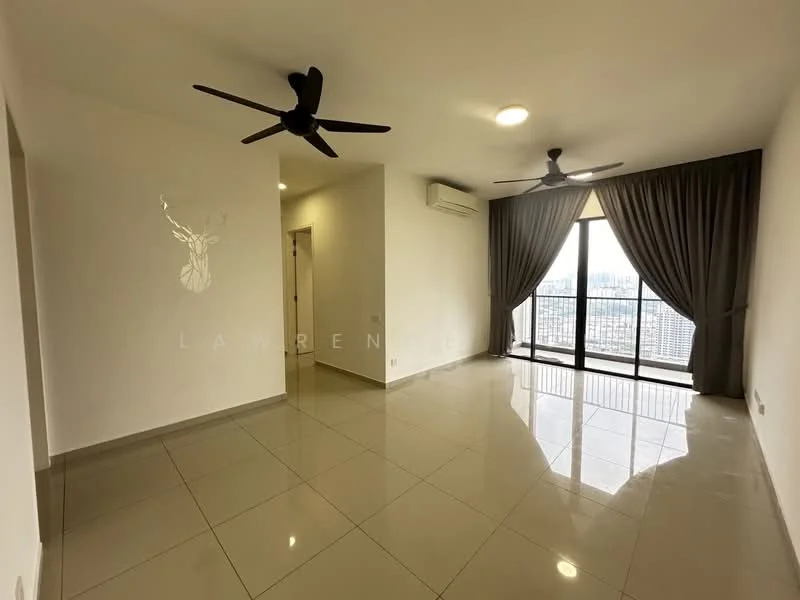 Living features: 2 ceiling fans, recessed downlights, large floor-to-ceiling windows, grey curtains, white painted walls, cream tiled flooring, air conditioning unit, open layout; style: modern; view: city.