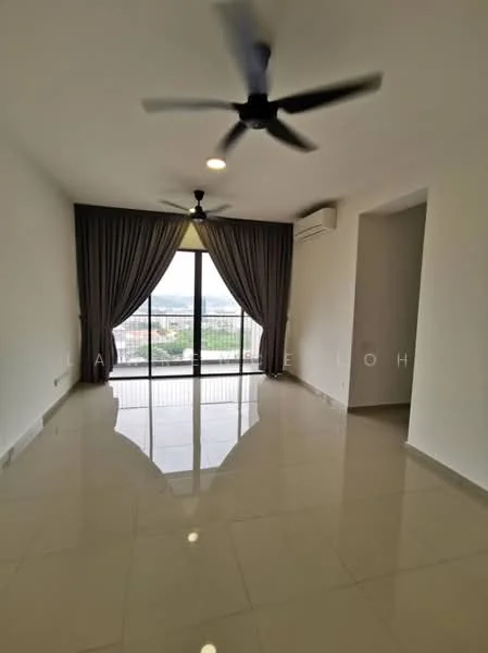 Living features: white painted walls, polished ceramic tile flooring, 5-blade ceiling fan with light, floor-to-ceiling windows, sheer curtains, city view, recessed downlights; style: modern; view: city.