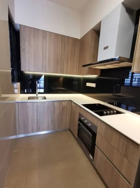 Kitchen features: wood cabinetry, black glass backsplash, white countertop, stainless-steel sink, chrome pull-down faucet, built-in oven, 4-burner gas hob, stainless-steel range hood, tile flooring, recessed LED downlights; style: modern.