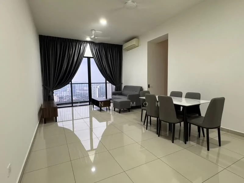 Living features: grey fabric sofa, 4-seater dining table, 6 dining chairs, floor-to-ceiling windows, blackout curtains, white painted walls, glossy tile flooring, 1 wall-mounted split AC, ceiling fan, wooden sideboard; style: modern; view: city.