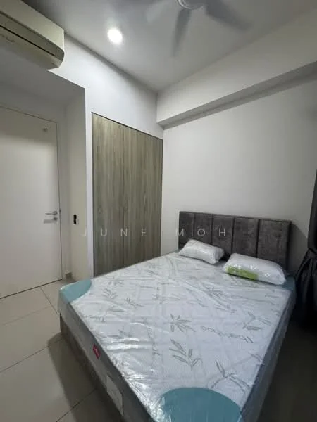 Bedroom features: queen-size bed, upholstered headboard, 2 pillows, light grey bedding, built-in wardrobe with wood finish, wall-mounted air conditioning unit, ceiling fan, white painted walls, tile flooring, curtains; style: modern.