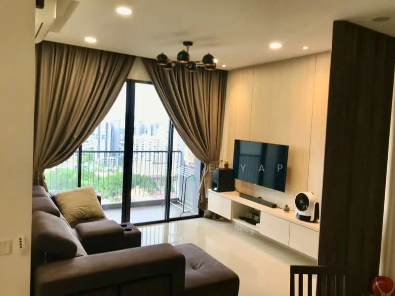 Living features: L-shape sectional sofa in brown, coffee table, wall-mounted TV, TV console with storage, floor-to-ceiling windows, sheer curtains, recessed downlights, white painted walls, glossy tile flooring, decorative wall paneling, city view; style: modern; view: city.