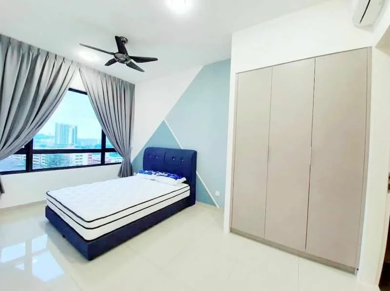 Bedroom features: queen-size bed with upholstered headboard, floor-to-ceiling window, grey curtains, light blue accent wall, white painted walls, ceiling fan, built-in wardrobe with sliding doors, glossy tile flooring; style: modern; view: city.