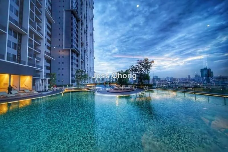 Exterior type: high-rise condominium; features: infinity pool, pool deck with loungers, surrounded by greenery, city skyline view, glass curtain wall facade, landscaped garden area; style: modern.