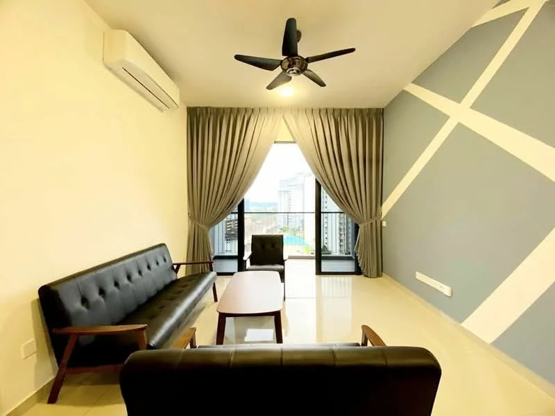 Living features: 2-seater black leather sofa, 3-seater black leather sofa, wooden coffee table, 5-blade ceiling fan with light, floor-to-ceiling windows, grey curtains, white painted walls, accent wall with blue paint and white diagonal lines, glossy tile flooring, air conditioning unit; style: modern; view: city.