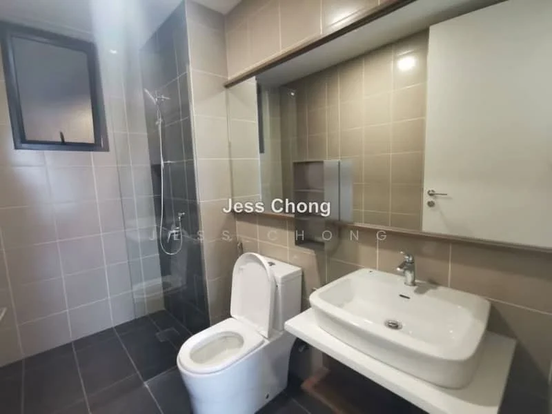 Bathroom features: white ceramic toilet, single-sink vanity with rectangular basin, chrome basin mixer faucet, mirror above vanity, glass shower enclosure, rain shower head, grey tiled walls, dark grey floor tiles, window for natural light, built-in shelving, wall-mounted towel rack; style: modern.