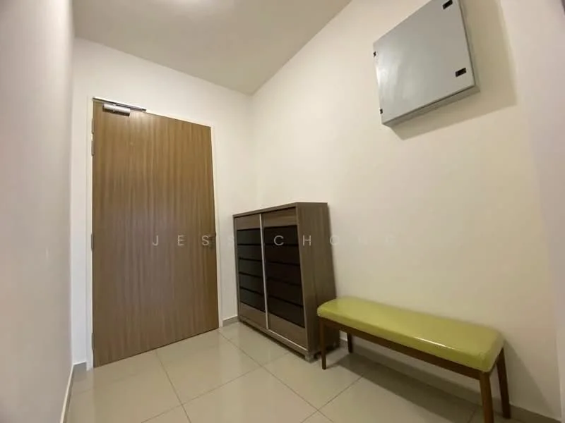 Room features: white painted walls, glossy ceramic tile flooring, wooden door, brown storage cabinet with drawers, green upholstered bench, electrical panel on wall, neutral lighting; style: modern.