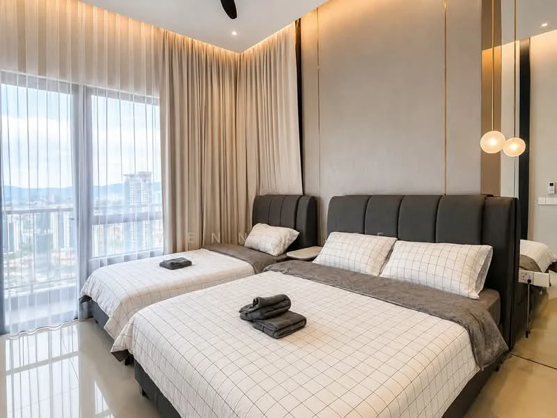 Bedroom features: two queen-size beds with upholstered headboards, grey bedding with grid pattern, light grey throw blanket, two grey towels on beds, floor-to-ceiling windows with sheer curtains, recessed ceiling lights, ceiling fan, polished concrete flooring, decorative wall paneling, nightstand with lamp; style: modern; view: city.
