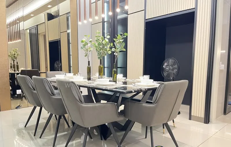 Dining features: 6-seater dining table, glass tabletop, upholstered dining chairs in grey, decorative vases with greenery, table settings with plates and cutlery, mirrored wall, recessed lighting, floor-to-ceiling windows, grey tiled flooring, ceiling fan; style: modern.