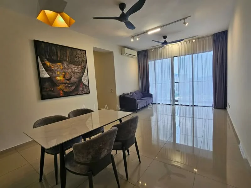 Living features: grey fabric sofa, 4-seater dining table, upholstered dining chairs, pendant light fixture, 2 ceiling fans, floor-to-ceiling windows, sheer curtains, polished tile flooring, wall-mounted air conditioning unit, abstract artwork on wall; style: modern; view: city.