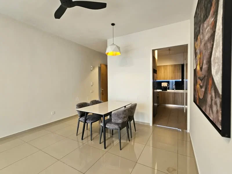 Dining features: 4-seater dining table, grey upholstered dining chairs, pendant light fixture, white painted walls, glossy beige tile flooring, open layout to kitchen, doorway leading to kitchen; style: modern.