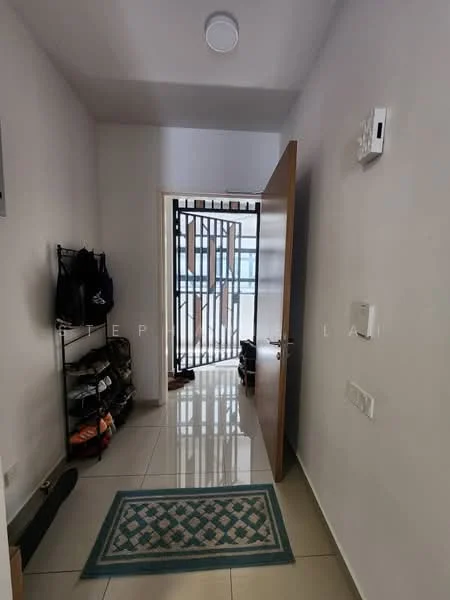 Room features: white painted walls, glossy tile flooring, wooden door, security grill door, doorbell, shoe rack, area rug, light fixture; style: modern.