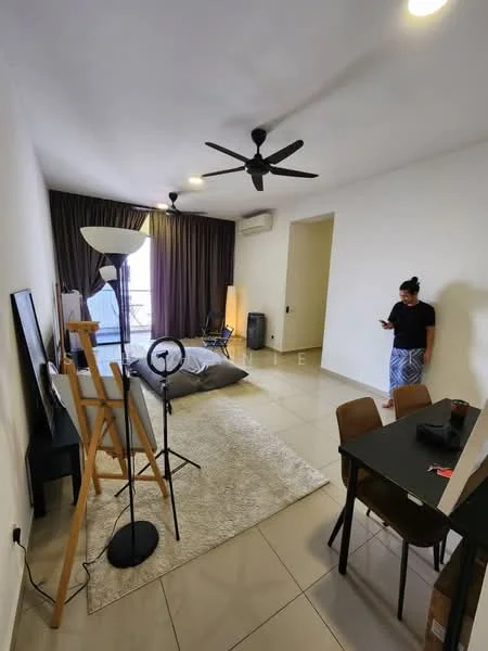 Living features: white painted walls, tile flooring, 5-blade ceiling fan with light, floor-to-ceiling windows, blackout curtains, sofa bed, area rug, easel, standing lamp, dining table with chairs, wall-mounted air conditioning unit; style: modern; view: city.