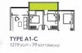 Floor plan: 2-bedroom 1-bathroom unit; features: open-plan kitchen-dining-living, master bedroom with windows, bedroom 2 with windows, balcony off living room, utility room, central foyer.