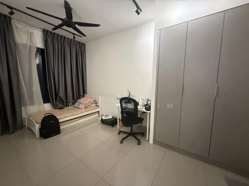Bedroom features: single bed with mattress, grey built-in wardrobe, study desk with chair, black office chair, floor-to-ceiling windows with sheer curtains, 5-blade ceiling fan, light grey tiled flooring, decorative wall with no visible artwork; style: modern.