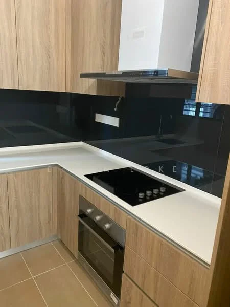 Kitchen features: wood cabinetry, white countertop, black glass backsplash, built-in oven, induction cooktop, stainless-steel range hood, drawer storage, tile flooring; style: modern.
