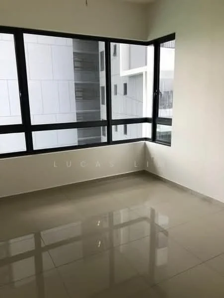 Room features: white painted walls, glossy tile flooring, floor-to-ceiling windows, corner window, natural light, neutral color scheme; style: modern; view: city.