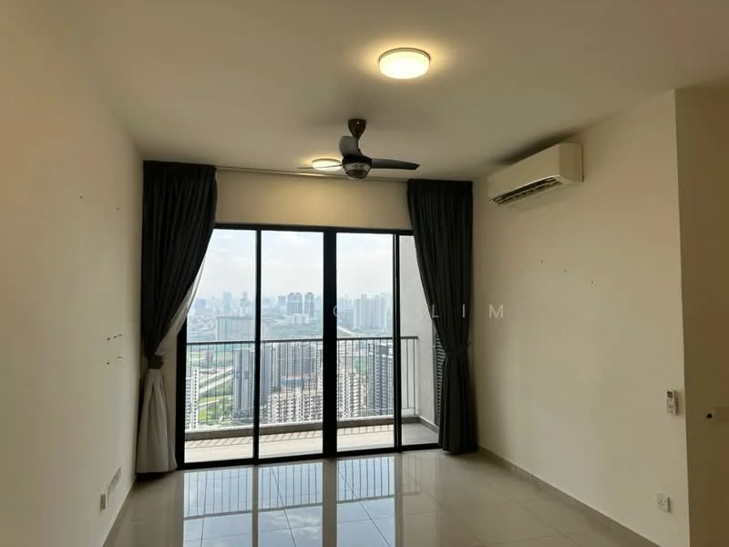 Living features: floor-to-ceiling windows, sliding glass door, 5-blade ceiling fan with light, wall-mounted split AC, grey tiled flooring, curtains, neutral painted walls, city skyline view; style: modern; view: city.