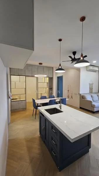 Kitchen features: island kitchen with blue cabinetry, white marble countertop, single-bowl stainless-steel sink, chrome pull-down faucet, pendant lighting above island, 5-blade ceiling fan, wooden flooring, open layout to living area, wall-mounted cabinets, recessed lighting; style: modern. Living features: sofa, coffee table, area rug, wall-mounted TV, open layout to kitchen; style: modern.