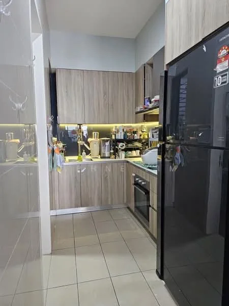 Kitchen features: wood cabinetry, black refrigerator, built-in oven, stainless-steel sink, chrome pull-down faucet, countertop with under-cabinet lighting, ceramic tile flooring, kitchen appliances including blender and kettle, open shelving, wall-mounted cabinets; style: modern.