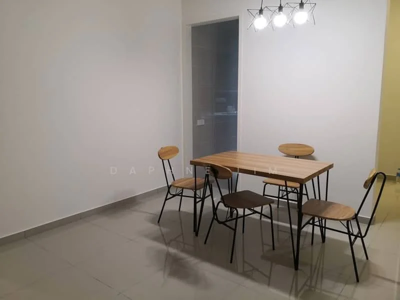 Dining features: square wooden dining table, 4 metal dining chairs with wooden seats, grey tiled flooring, white painted walls, modern pendant light fixture with multiple bulbs, open space layout; style: modern.