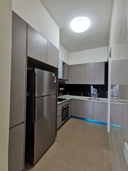 Kitchen features: stainless-steel fridge, built-in oven, freestanding range oven, white cabinetry, grey laminate cabinets, black backsplash, countertop with under-cabinet lighting, single-bowl stainless-steel sink, chrome pull-down faucet, tile flooring, recessed ceiling light; style: modern.