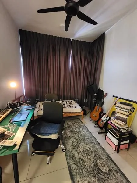 Study features: black ceiling fan, large window with dark curtains, wooden bed frame with mattress, desk with green tabletop, black office chair, area rug with geometric pattern, guitar, bookshelf with various items, decorative items on shelf, white walls, tile flooring; style: modern.